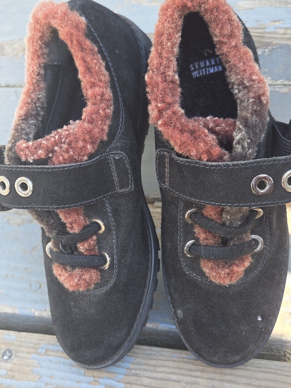 Stuart Weitzman Black Suede Kids Lace-Up Boots with Rust Shearling Trim